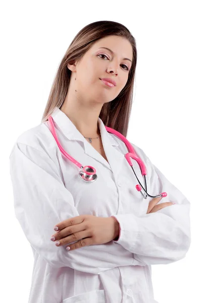 Νεαρή Όμορφη Γιατρός Γυναίκα Ροζ Στηθοσκόπιο Λευκό Φόντο — Φωτογραφία Αρχείου