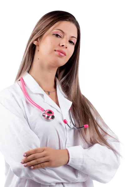 Jovem Mulher Bonita Médico Com Estetoscópio Rosa Fundo Branco — Fotografia de Stock