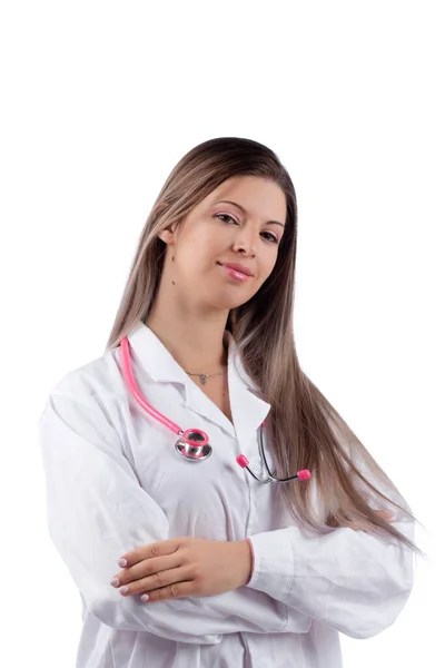 Joven Hermosa Médico Mujer Con Estetoscopio Rosa Sobre Fondo Blanco — Foto de Stock