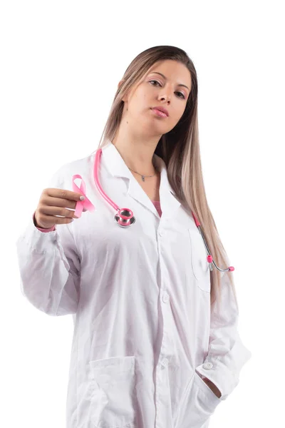 Young Beautiful Doctor Woman Pink Stethoscope Pink Awareness Ribbon Breast — Stock Photo, Image