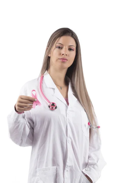 Jovem Mulher Médica Bonita Com Estetoscópio Rosa Fita Consciência Rosa — Fotografia de Stock