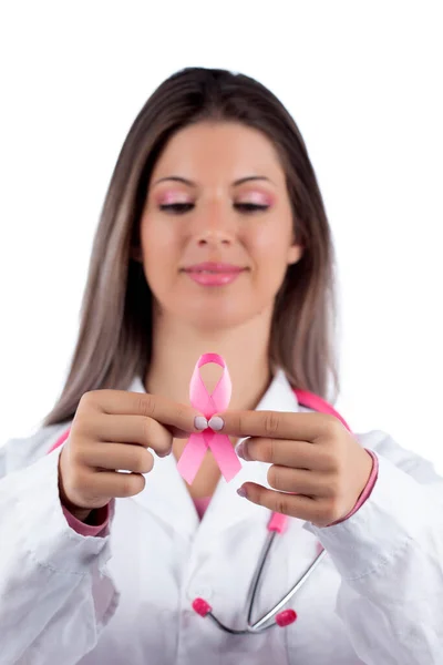 Jovem Mulher Médica Bonita Com Estetoscópio Rosa Fita Consciência Rosa — Fotografia de Stock