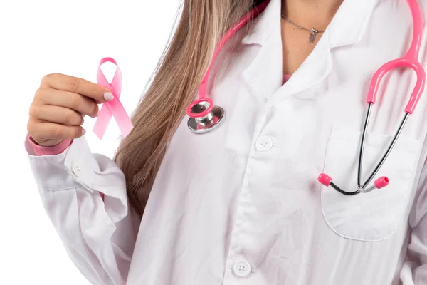 Jovem Mulher Médica Bonita Com Estetoscópio Rosa Fita Consciência Rosa — Fotografia de Stock