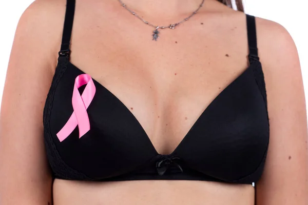 Caucasian Girl Breast Cancer Ribbon Wearing Black Bra — Stock Photo, Image
