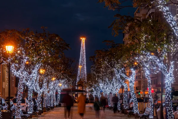 Avenida Principal Cidade Olhao Localizada Portugal Decorada Com Luzes Natal — Fotografia de Stock