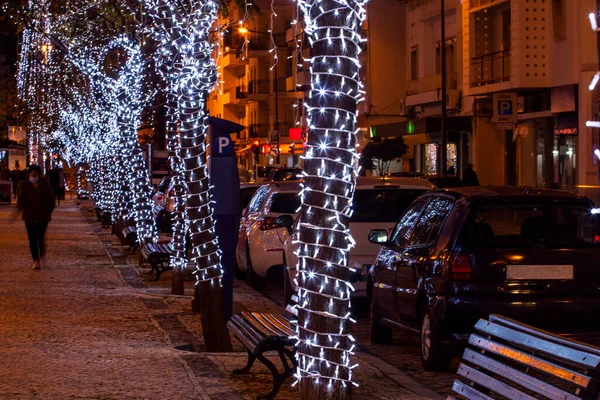 Avenida Principal Ciudad Olhao Situada Portugal Decorada Con Luces Navidad — Foto de Stock