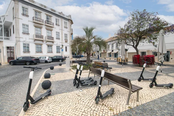 Tourist downtown plaza on the center of commerce in Faro city, Portugal.