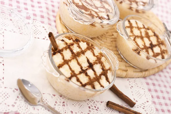 Traditional Portuguese Sweet Rice Dessert Table Cinnamon Sticks — Stock Photo, Image