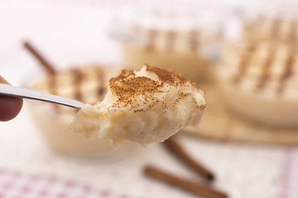 Traditional Portuguese Sweet Rice Dessert Table Cinnamon Sticks — Stock Photo, Image