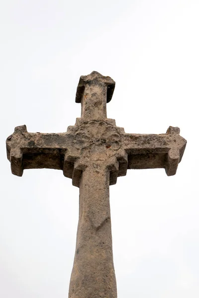 Vue Rapprochée Vieille Croix Chrétienne Pierre Symbole Christianisme Religieux — Photo