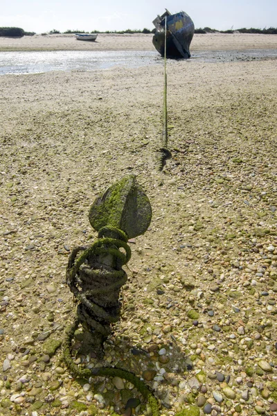 Velho barco abandonado encalhado na areia seca — Fotografia de Stock