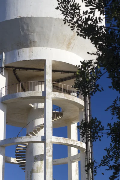 Branch of almond tree blossom flowers in nature and a water tower — Stock Photo, Image