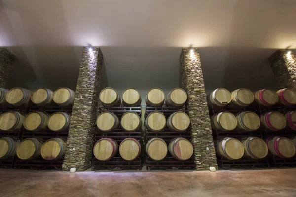 와인 배럴을 가진 긴 지하실 — 스톡 사진