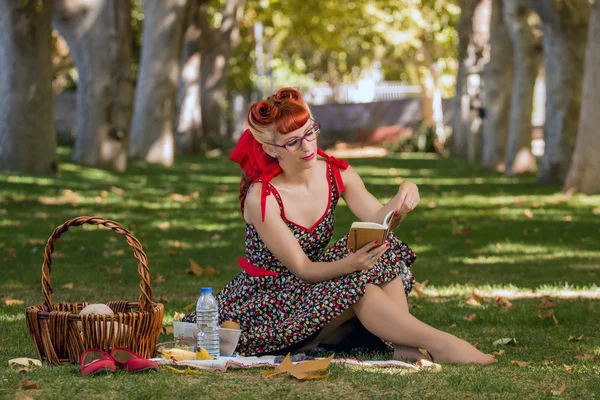 Γυναίκα κάνει πικ-νικ στο πάρκο. — Φωτογραφία Αρχείου