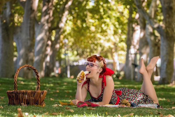 Kobieta organizująca piknik w parku. — Zdjęcie stockowe