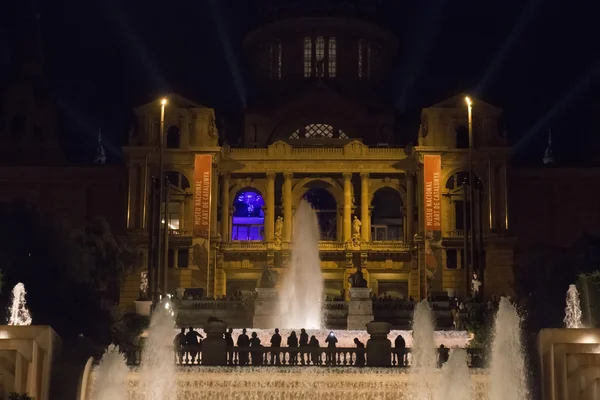 Vista nocturna de la fuente y Museo Nacional de Arte — Foto de Stock