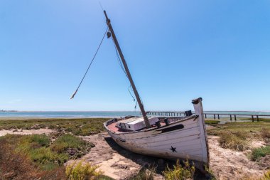 Ria Formosa kum tepeleri üzerinde bitki örtüsünün terk edilmiş teknede