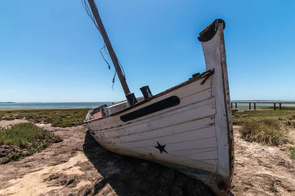 Barco abandonado en la vegetación en las dunas de arena — Foto de Stock