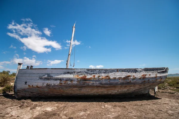Брошенная лодка на растительности на песчаных дюнах Риа-Формозы — стоковое фото