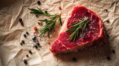 Parşömen üzerinde taze çiğ biftek, sert deniz tuzu, siyah ve kırmızı biber ile tatlandırılmış ve sade bir mutfakta pişirmeye hazır biberiye filizleriyle süslenmiş.