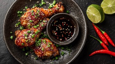 Soya sosu, susam tohumu, taze yeşil soğan, acı biber ve koyu renkte limon dilimleri ile servis edilen lezzetli jöleli tavuk budu.