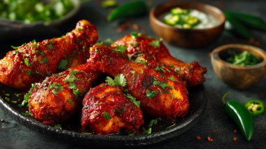 Lezzetli ızgara tavuk budu. Canlı kırmızı salamura ile kaplanmış ve taze kişniş ile süslenmiş. Kırsal siyah bir tabakta biber ve bitkilerle servis ediliyor.