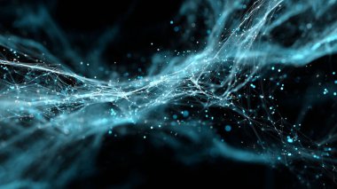 Parlak parçacıklar tarafından aydınlatılan akışkan dijital iplikler, birbirine bağlı verilerin soyut bir dalgasını oluşturur. Derinlik, hareket ve parıldayan ağ elementleriyle dinamik bir geleceksel kompozisyon