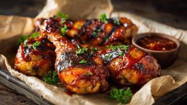 Izgara ızgara tavuk budu, barbekü sosuyla kaplanmış taze otlarla süslenmiş ve dumanlı, ağız sulandırıcı bir tat için baharatlı sosla servis edilmiş..