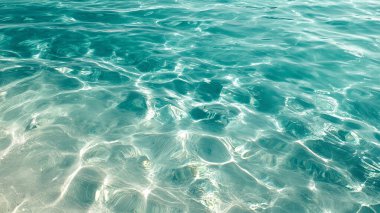 Turkuaz su yüzeyi, sakin bir su ortamında berraklığı ve hareketi vurgulayan hafif dalgalar ve yansımalar sergiliyor.