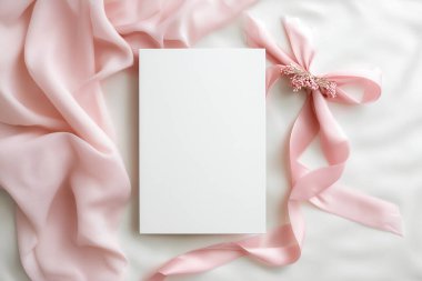 Beyaz kart pürüzsüz pembe saten kumaşın üzerinde duruyor. Yanında pembe kurdele ve çiçek aksanı var. Davetiyeler ve duyurular için uygun.