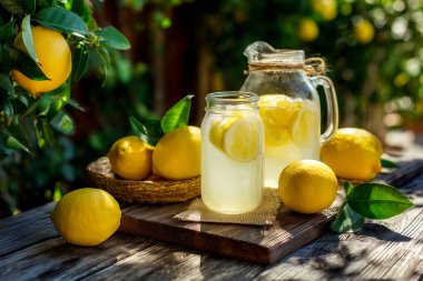 Limonata ve limon dilimleriyle dolu cam kavanoz, açık havada güneşli bir ortamda, limon ve limon dalları eşliğinde ahşap bir masada oturur.