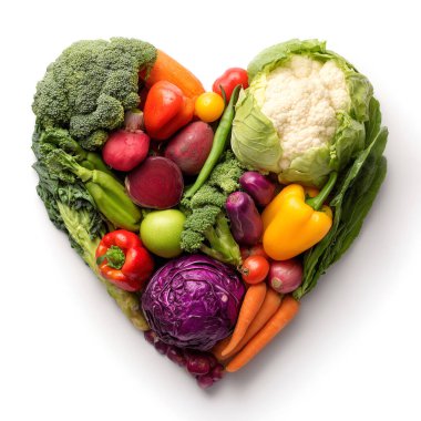 Sağlıklı beslenme temaları için çeşitli taze sebzeler, brokoli, havuç, dolma biber ve karnabahar sergilenen beyaz bir arka planda kalp şeklinde düzenlenir.