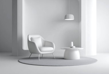 Minimalist iç tasarım, beyaz bir koltuk ve yuvarlak bir kahve masası sergiliyor. Geniş bir odadaki kolye ışığıyla aydınlatılıyor.