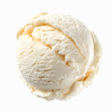 Beyaz bir zemin üzerinde izole edilmiş yumuşak bir desenli vanilyalı dondurma kepçesi. Tatlı tarifleri ve yemek fotoğraflarında kullanmak için ideal.