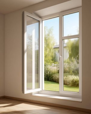 Beyaz pencere açık, dışarıda yeşil ve mavi gökyüzü olan canlı bir bahçe var, ışık dolu iç mekanı güçlendiriyor.