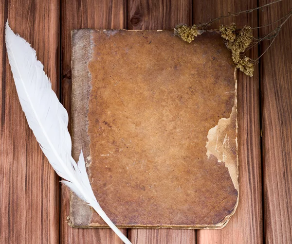 Shabby old book with feather — Stock Photo, Image