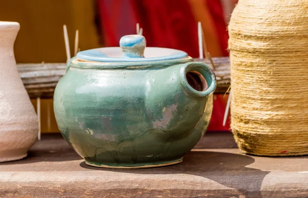 Handmade green clay teapot — Stock Photo, Image
