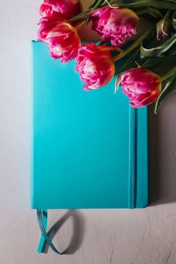 Beyaz zemin üzerinde laleler olan mavi defter.