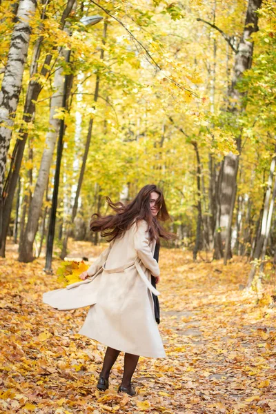 Brunette woman in autumn park and autumn leaves. Small black bag. Autumn mood. Yellow, red and green leaves. Beige coat.