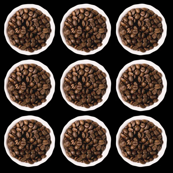 Coffee Beans White Plate Black Background Pattern — Stock Photo, Image