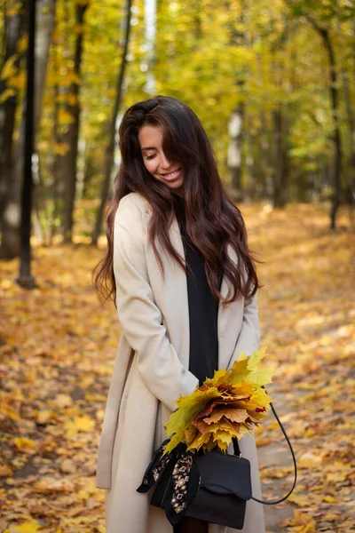 Брюнетка Осеннем Парке Осенние Листья Маленькая Черная Сумка Осеннее Настроение — стоковое фото