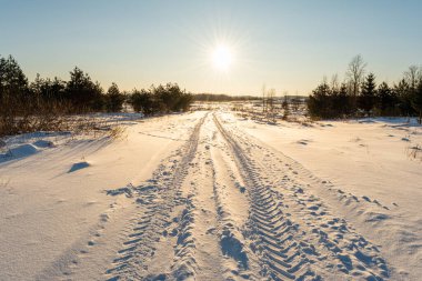 Kardaki traktörden gelen izler, ufuk çizgisine kadar uzanıyor. Akşamları açık mavi gökyüzü olan kış manzarası. Doğa arkaplanı