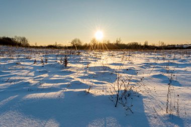 Mavi kar damlaları tarlayı uzun kuru otlarla kaplar. Günbatımı ve çok renkli gökyüzü ile kış akşamı manzarası. Doğa arkaplanı