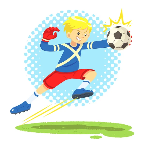 Soccer fiú ugrás félre elkapni a labdát. — Stock Vector