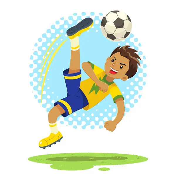 Soccer Boy golpeó la pelota usando la técnica de patada de bicicleta . — Vector de stock