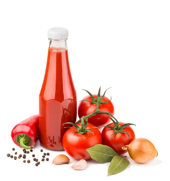 Botella de salsa de tomate y los ingredientes aislados en blanco Fotos de stock