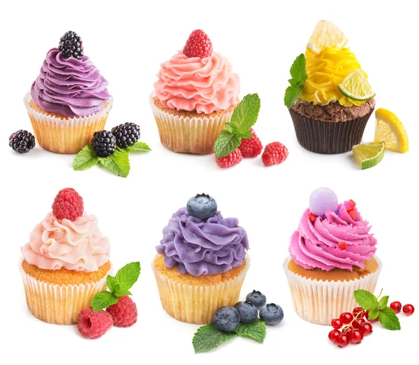 Colección de brillantes cupcakes con bayas frescas aisladas Fotos de stock libres de derechos
