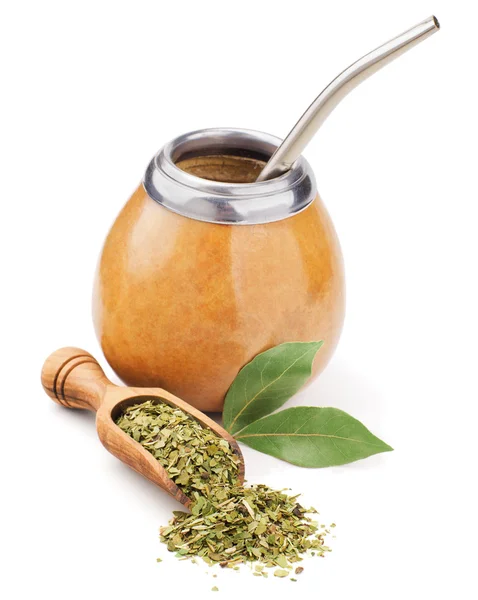 Scoop with dry mate tea and calabash — Stock Photo, Image