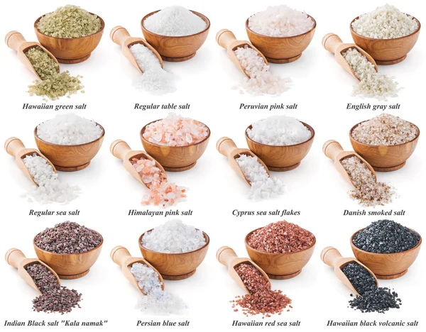 Zbiór różnych rodzajów soli na białym tle — Zdjęcie stockowe