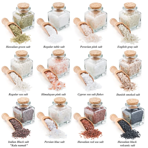 Sammlung verschiedener Salzsorten, die auf weiß isoliert sind — Stockfoto